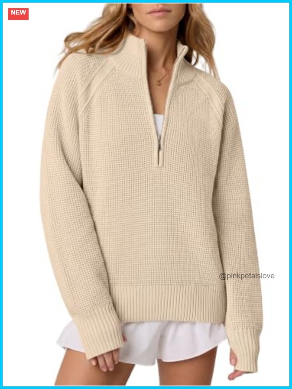 Waffle Knit Quarter Zip Pullover Sweater with Thumb Holes